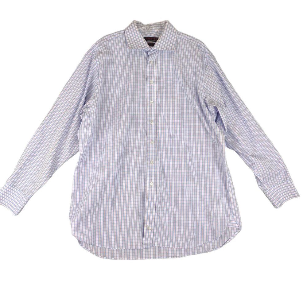Chester Barrie Men's Long Sleeve Button Up Dress Shirt, Blue Pink Plaid 17.5 34